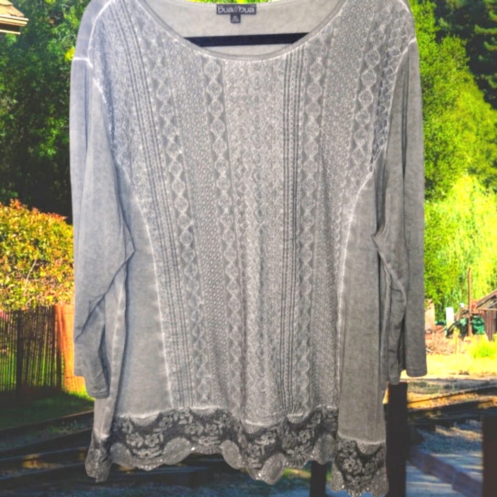 Bua Bua Women's Leaf Green Oil Wash Embroidery Crew Neck Long Sleeve Top